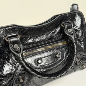 Balenciaga Women Le City Bag Mini in Black Arena Lambskin Brass Hardware