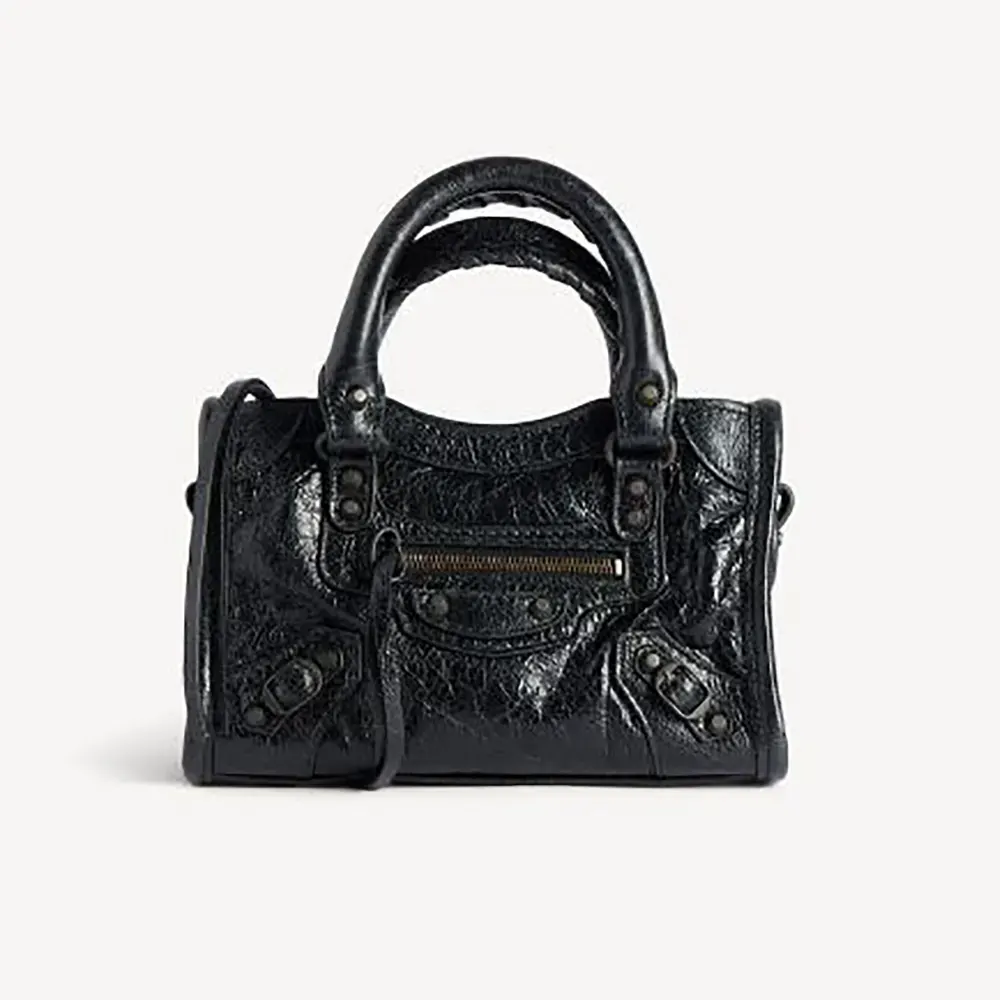 Balenciaga Women Le City Bag Nano in Black Arena Lambskin Brass Hardware