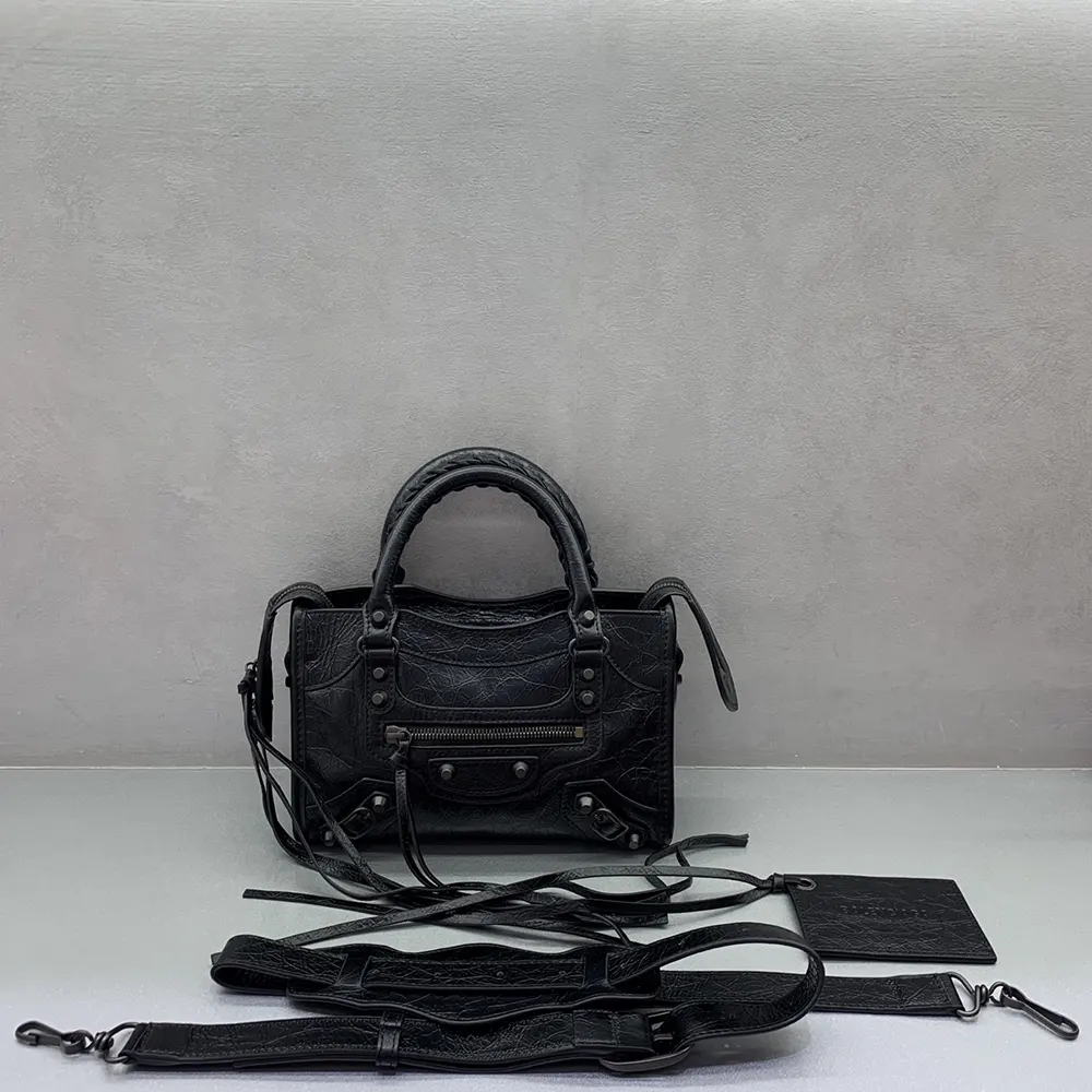 Balenciaga Women Le City Bag Nano in Black Arena Lambskin Brass Hardware