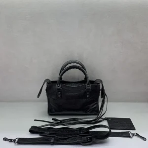 Balenciaga Women Le City Bag Nano in Black Arena Lambskin Brass Hardware