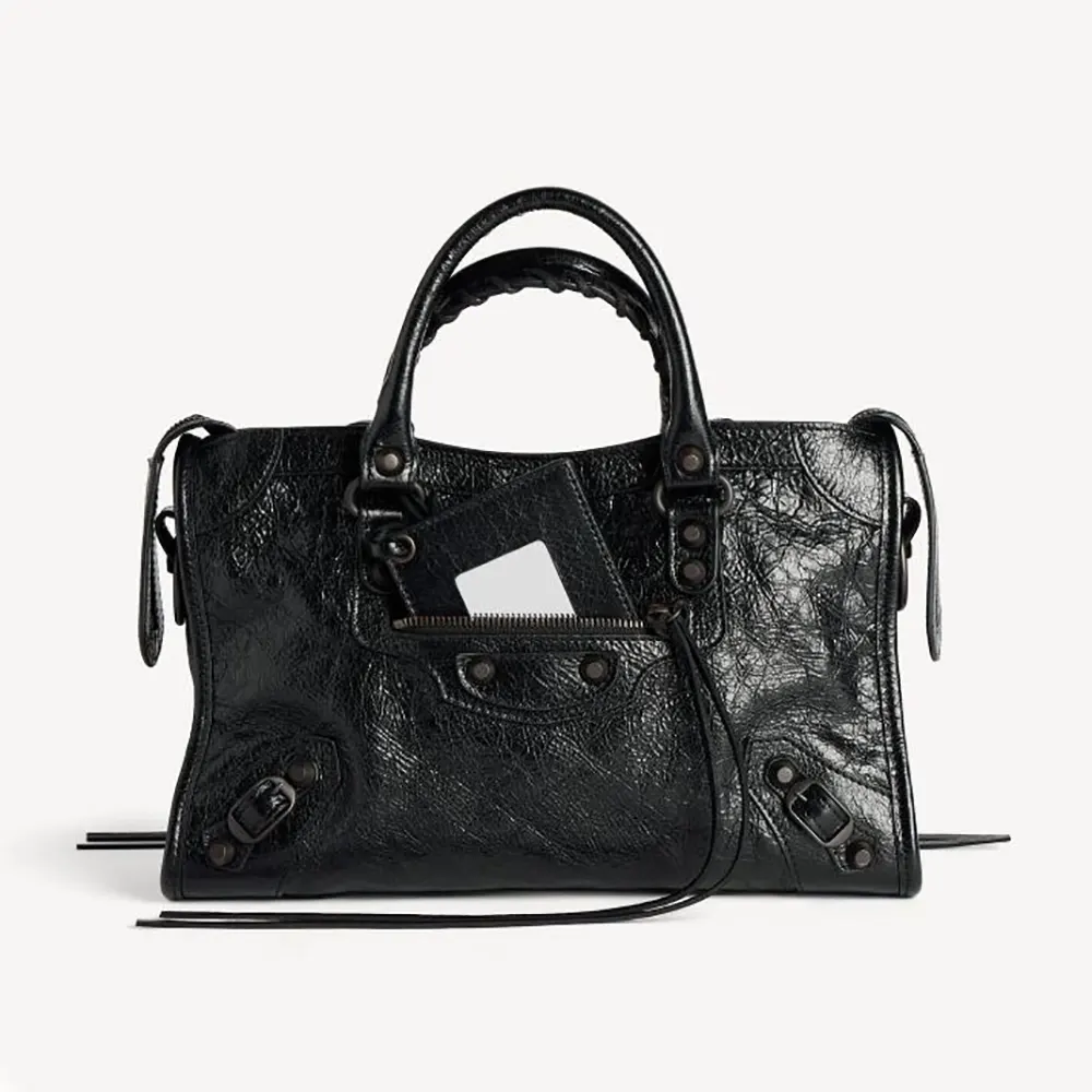 Balenciaga Women Le City Bag Small in Black Arena Lambskin Brass Hardware