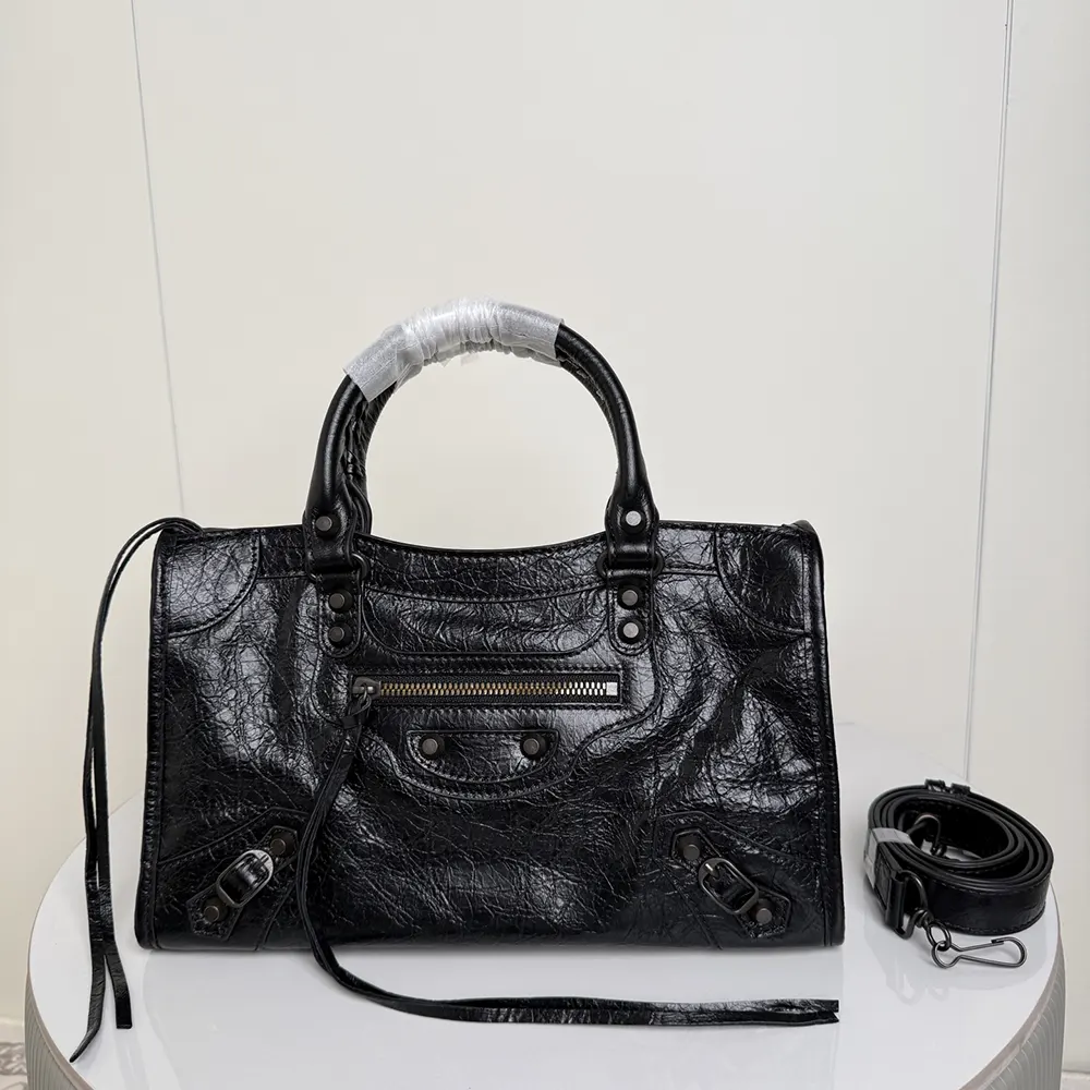 Balenciaga Women Le City Bag Small in Black Arena Lambskin Brass Hardware