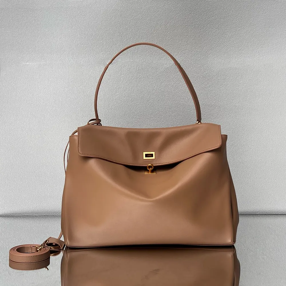 Balenciaga Women Rodeo Handbag Large In latte Smooth Calfskin Aged-gold Hardware