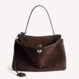 Balenciaga Women Rodeo Handbag Large in Light Espresso Waxed Suede Calfskin and Smooth Calfskin