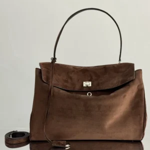 Balenciaga Women Rodeo Handbag Large in Light Espresso Waxed Suede Calfskin and Smooth Calfskin