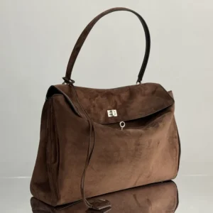 Balenciaga Women Rodeo Handbag Large in Light Espresso Waxed Suede Calfskin and Smooth Calfskin