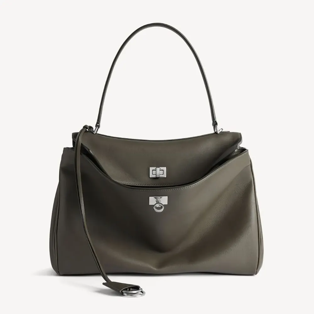 Balenciaga Women Rodeo Handbag Medium In Khaki Smooth Calfskin, Aged-Silver Hardware