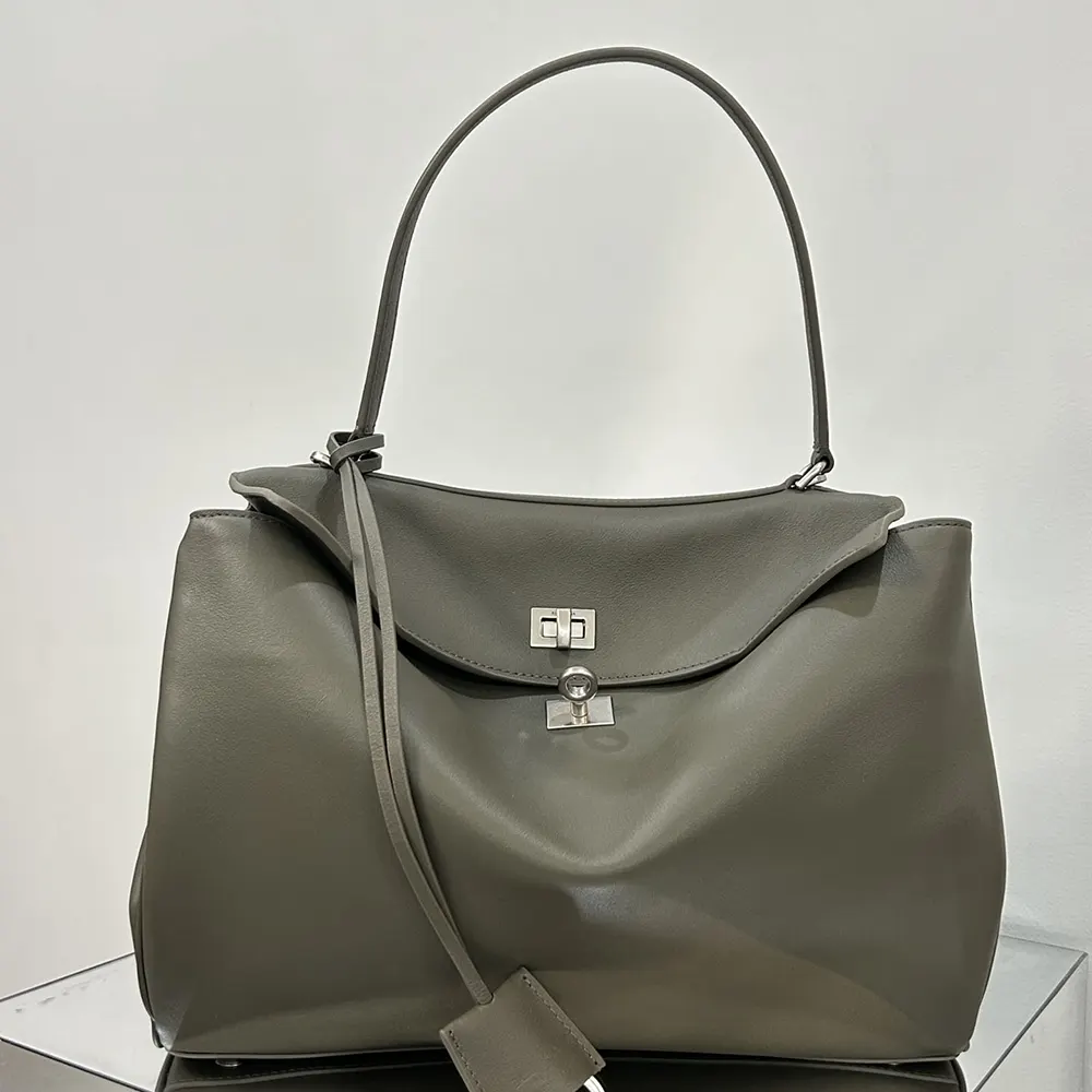Balenciaga Women Rodeo Handbag Medium In Khaki Smooth Calfskin, Aged-Silver Hardware