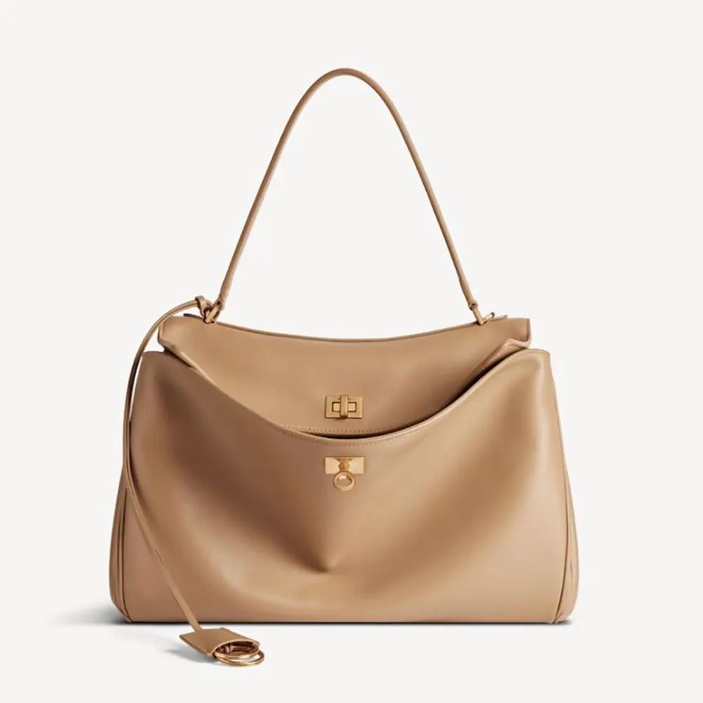 Balenciaga Women Rodeo Handbag Medium In latte Smooth Calfskin Aged-gold Hardware