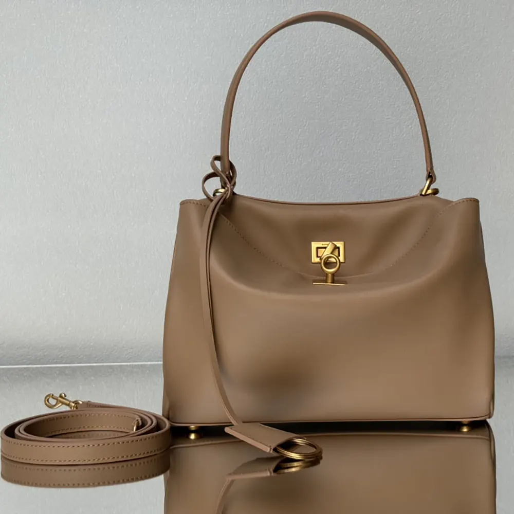 Balenciaga Women Rodeo Handbag Medium In latte Smooth Calfskin Aged-gold Hardware