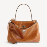 Balenciaga Women Rodeo Handbag Medium in Tan Cowboy Vegetable Tanned Lambskin Aged-silver Hardware