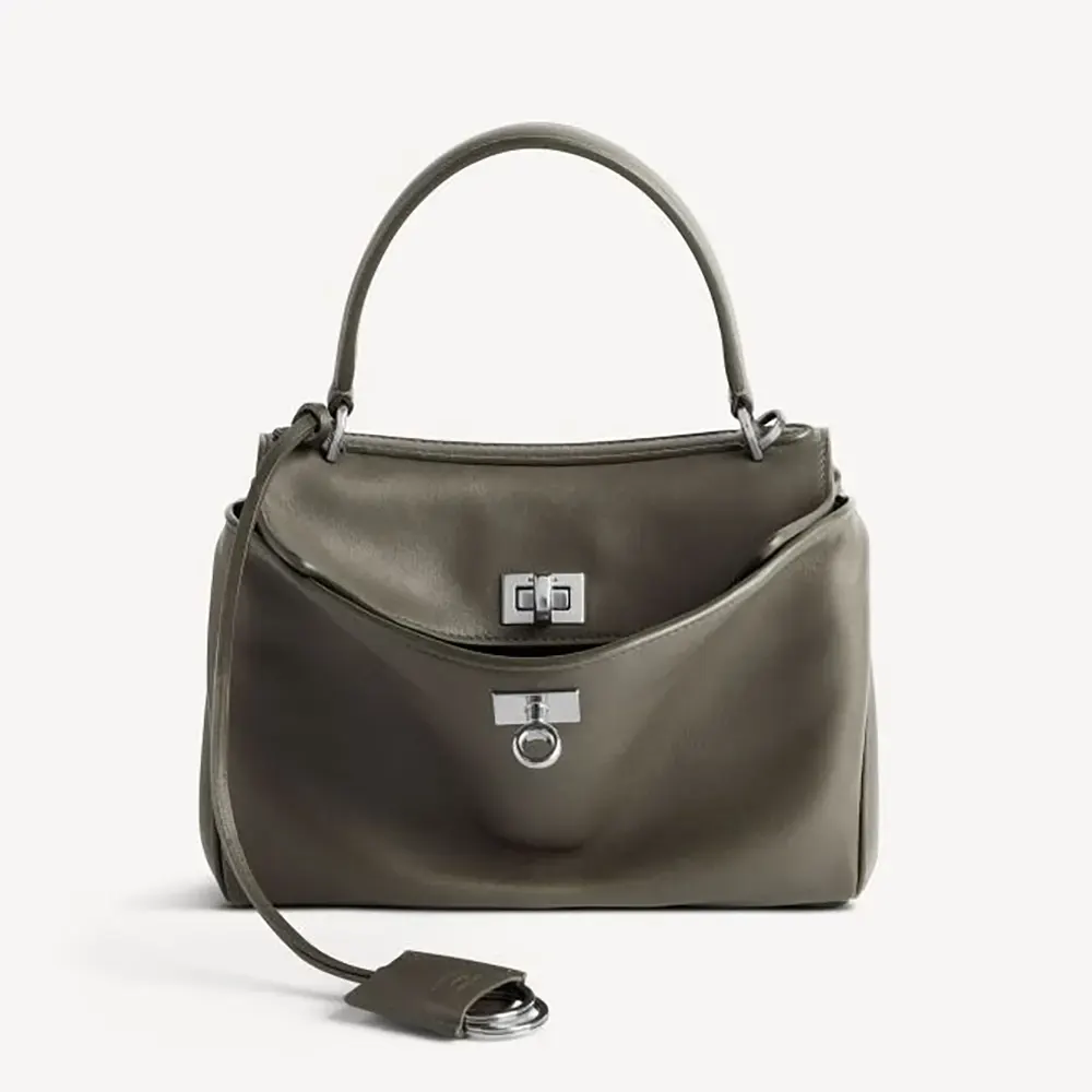 Balenciaga Women Rodeo Handbag Mini In Khaki Smooth Calfskin Aged-Silver Hardware
