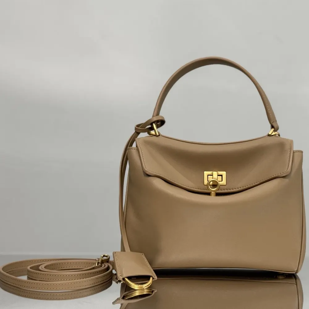 Balenciaga Women Rodeo Handbag Mini In latte Smooth Calfskin Aged-gold Hardware