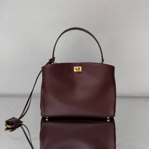 Balenciaga Women Rodeo Handbag Small In Dark Burgundy Smooth Calfskin Aged-Gold Hardware