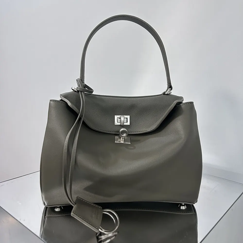 Balenciaga Women Rodeo Handbag Small In Khaki Smooth Calfskin Aged-Silver Hardware