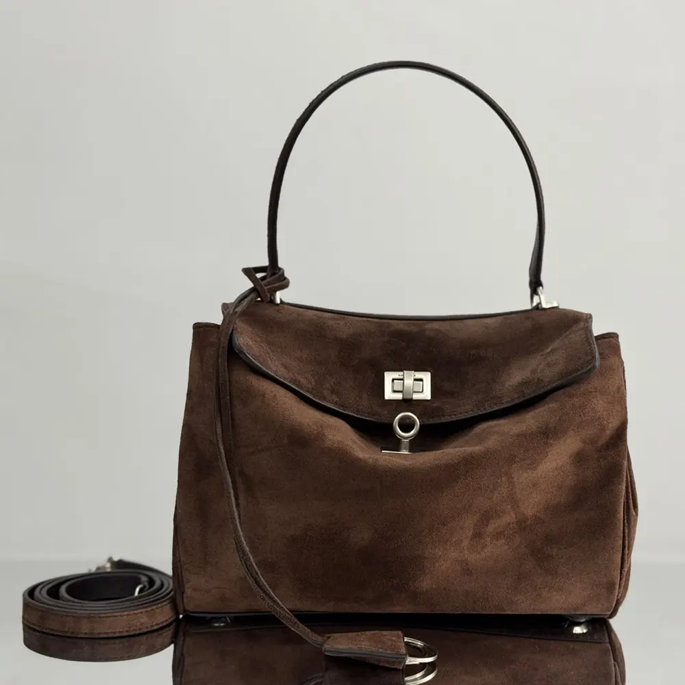 Balenciaga Women Rodeo Handbag Small In Light Espresso Waxed Suede Calfskin and Smooth Calfskin 2 Balenciaga Women Rodeo Handbag Small In Light Espresso Waxed Suede Calfskin and Smooth Calfskin