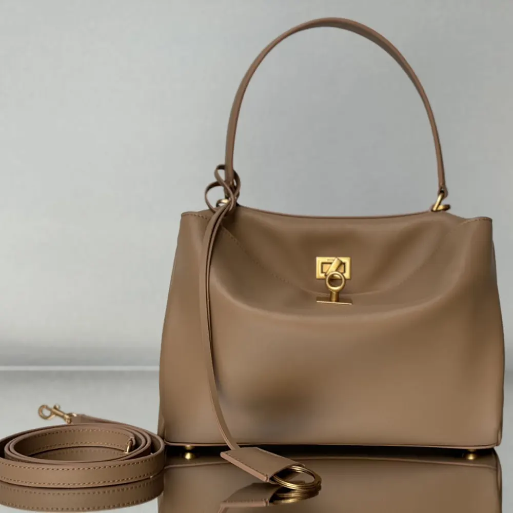 Balenciaga Women Rodeo Handbag Small In latte Smooth Calfskin Aged-gold Hardware