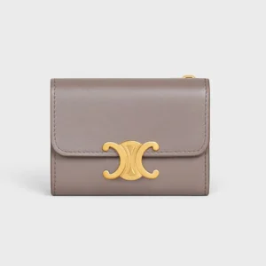 Celine Women Compact Wallet with Coin Triomphe in Shiny Calfskin-Grey