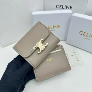 Celine Women Compact Wallet with Coin Triomphe in Shiny Calfskin-Grey
