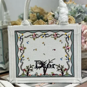 Dior Women Dioramour Small Dior Book Tote with Strap White Multicolor Revolution Flowers Embroidery