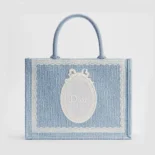 Dior Women Medium Dior Book Tote with Strap Blue Dior Oblique Embroidery with White Lace and Dior Médaillon