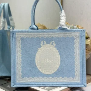 Dior Women Medium Dior Book Tote with Strap Blue Dior Oblique Embroidery with White Lace and Dior Médaillon