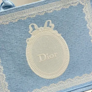 Dior Women Medium Dior Book Tote with Strap Blue Dior Oblique Embroidery with White Lace and Dior Médaillon