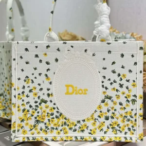 Dior Women Medium Dior Book Tote with Strap Buttercup Dior Embroidery and White Dior Médaillon