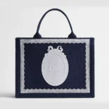 Dior Women Medium Dior Book Tote with Strap Celestial Blue Dior Oblique Embroidery with White Lace and Dior Médaillon