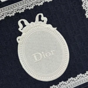 Dior Women Medium Dior Book Tote with Strap Celestial Blue Dior Oblique Embroidery with White Lace and Dior Médaillon