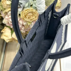 Dior Women Medium Dior Book Tote with Strap Celestial Blue Dior Oblique Embroidery with White Lace and Dior Médaillon