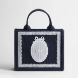 Dior Women Small Dior Book Tote with Strap Blue Dior Oblique Embroidery with White Lace and Dior Médaillon
