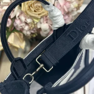Dior Women Small Dior Book Tote with Strap Blue Dior Oblique Embroidery with White Lace and Dior Médaillon