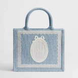 Dior Women Small Dior Book Tote with Strap Celestial Blue Dior Oblique Embroidery with White Lace and Dior Médaillon