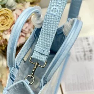 Dior Women Small Dior Book Tote with Strap Celestial Blue Dior Oblique Embroidery with White Lace and Dior Médaillon