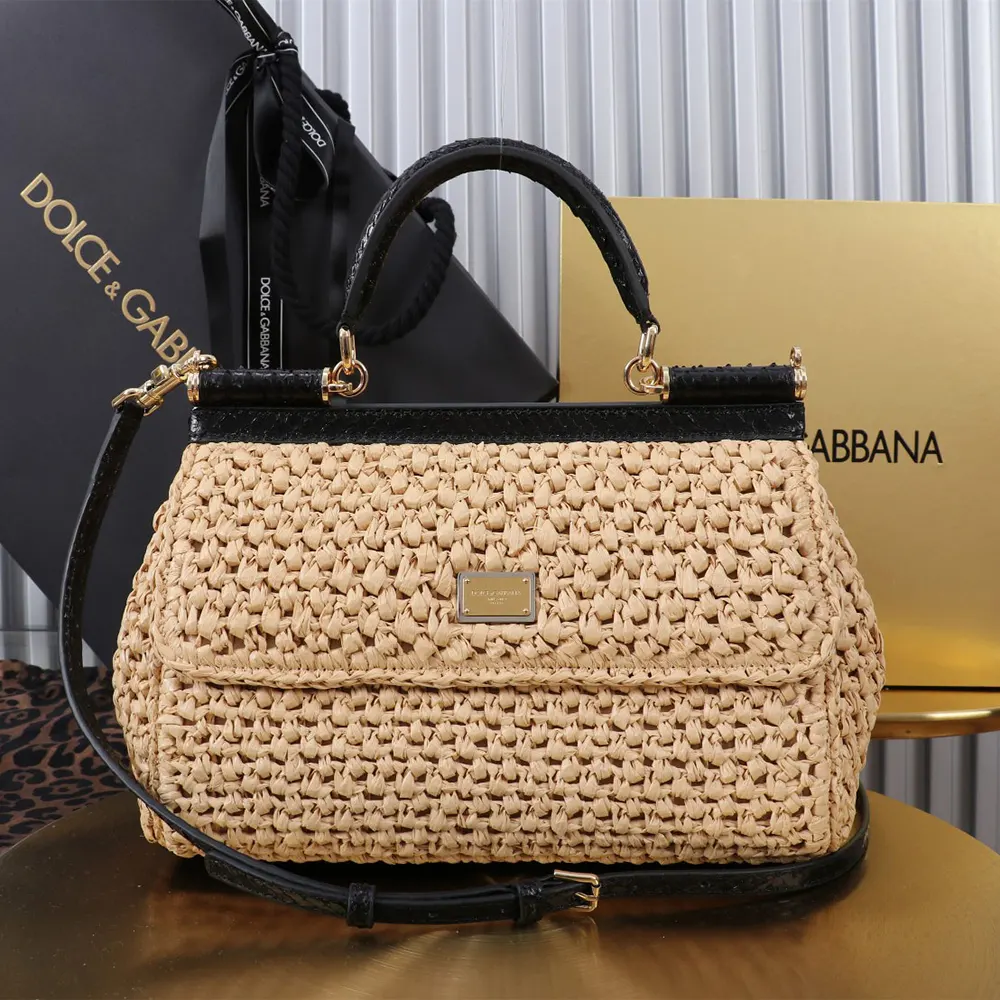Dolce Gabbana D&G Women Elongated Medium Sicily Handbag in Crochet Raffia BB7652A 2 Dolce Gabbana D&G Women Elongated Medium Sicily Handbag in Crochet Raffia BB7652A