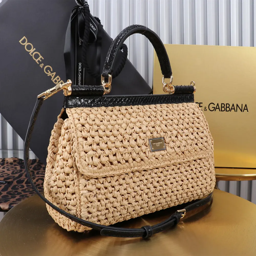 Dolce Gabbana D&G Women Elongated Medium Sicily Handbag in Crochet Raffia BB7652A 4 Dolce Gabbana D&G Women Elongated Medium Sicily Handbag in Crochet Raffia BB7652A