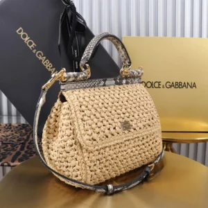 Dolce Gabbana D&G Women Small Sicily Handbag in Crochet Raffia BB6003A
