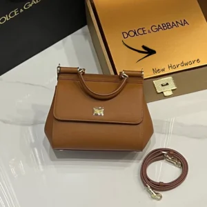 Dolce Gabbana D&G Women Small Sicily Handbag in Dauphine Calfskin-Brown