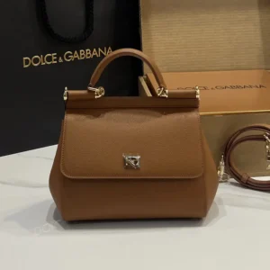 Dolce Gabbana D&G Women Small Sicily Handbag in Dauphine Calfskin-Brown