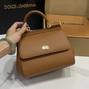 Dolce Gabbana D&G Women Small Sicily Handbag in Dauphine Calfskin-Brown