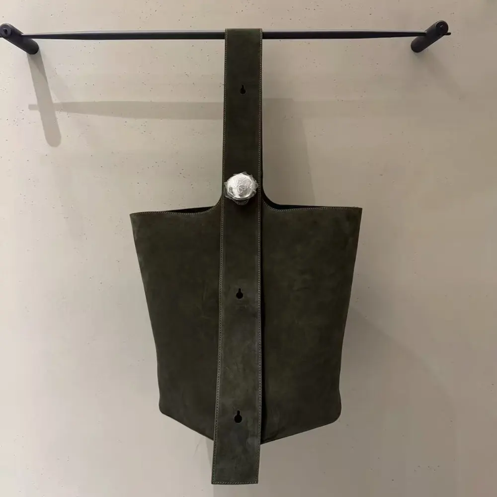 Loewe Unisex Large Pebble Bucket Bag in Suede Calfskin-Dark Green