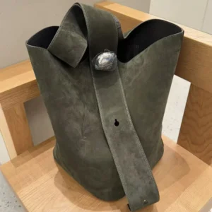 Loewe Unisex Large Pebble Bucket Bag in Suede Calfskin-Dark Green
