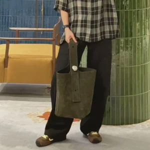 Loewe Unisex Large Pebble Bucket Bag in Suede Calfskin-Dark Green