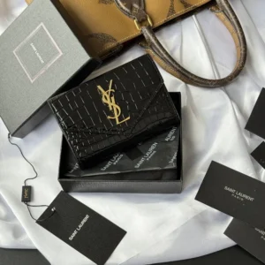 Saint Laurent YSL Women Uptown Flap Card Case in Crocodile-Embossed Shiny Leather