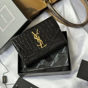 Saint Laurent YSL Women Uptown Flap Card Case in Crocodile-Embossed Shiny Leather
