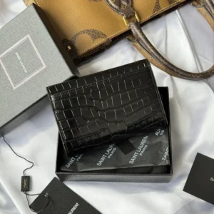 Saint Laurent YSL Women Uptown Flap Card Case in Crocodile-Embossed Shiny Leather