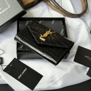 Saint Laurent YSL Women Uptown Flap Card Case in Crocodile-Embossed Shiny Leather
