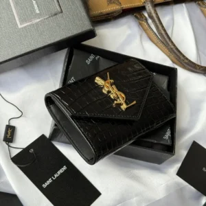 Saint Laurent YSL Women Uptown Flap Card Case in Crocodile-Embossed Shiny Leather