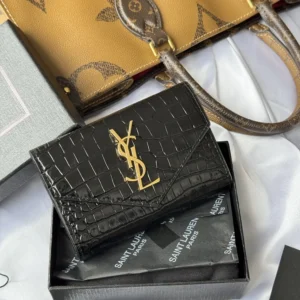 Saint Laurent YSL Women Uptown Flap Card Case in Crocodile-Embossed Shiny Leather